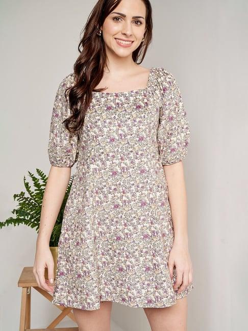 and beige & pink floral print a line dress