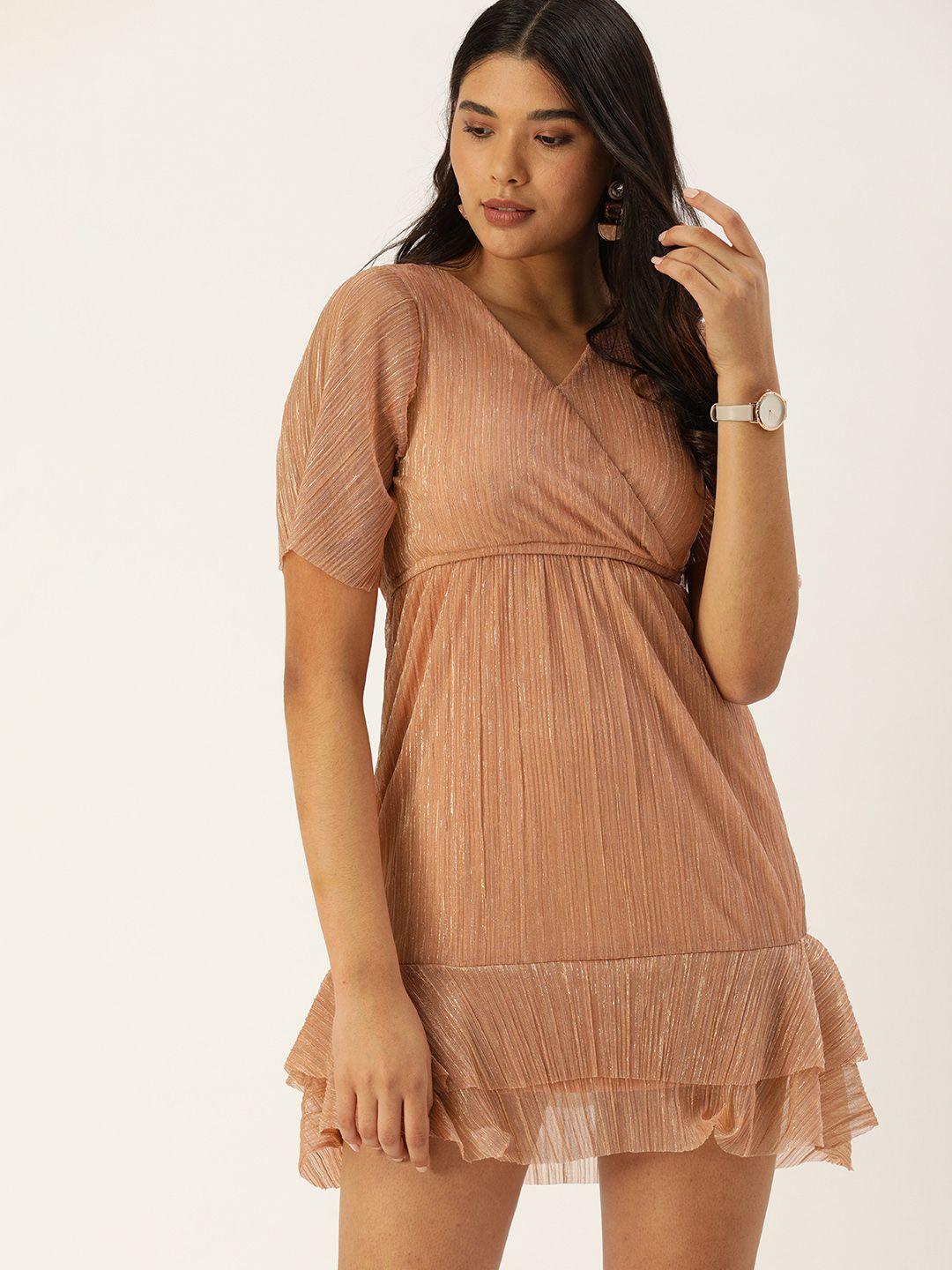 and beige shimmer effect layered hem wrap dress