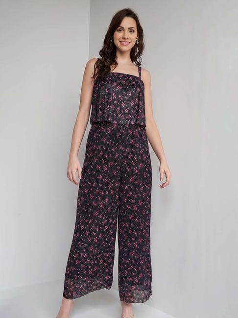 and black & pink floral print jumpsuit