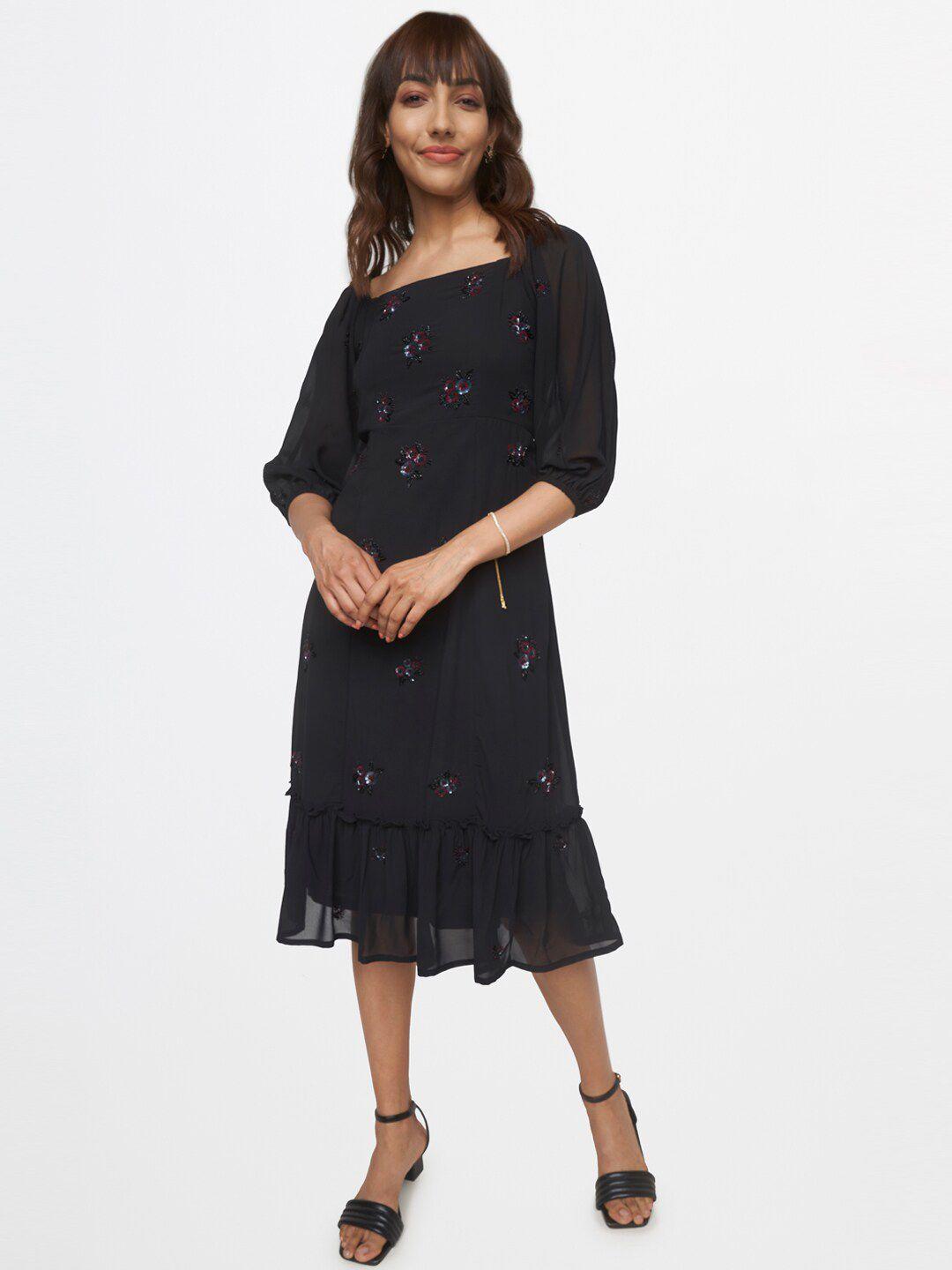 and black embellished a-line midi dress