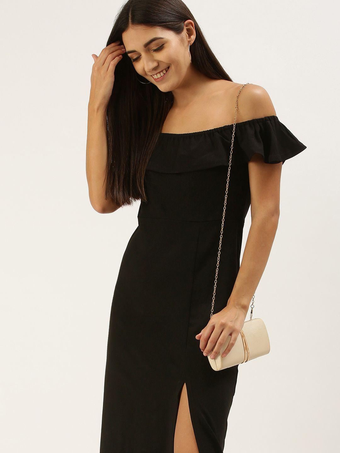 and black off-shoulder bodycon midi dress