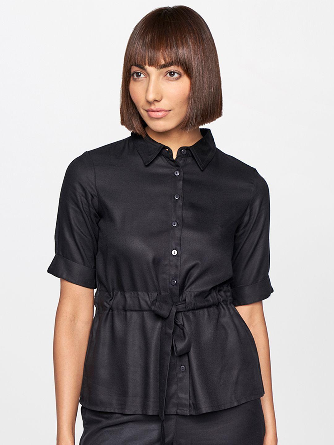 and black shirt collar basic jumpsuit