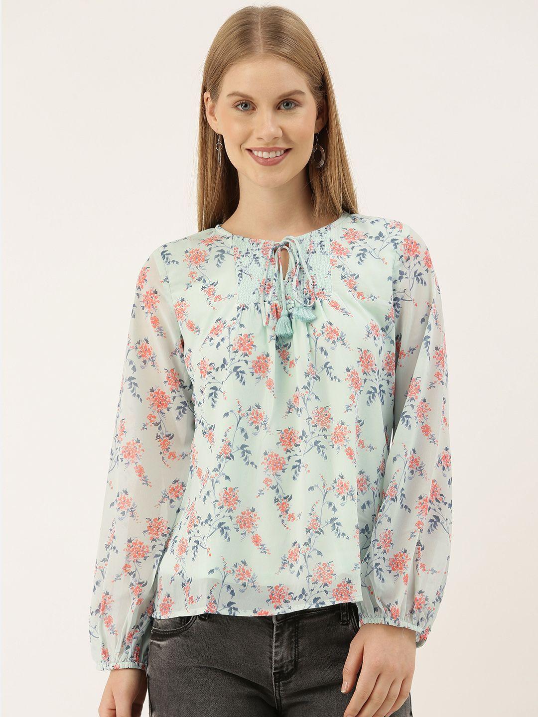 and blue & peach-coloured floral printed puff sleeves regular top