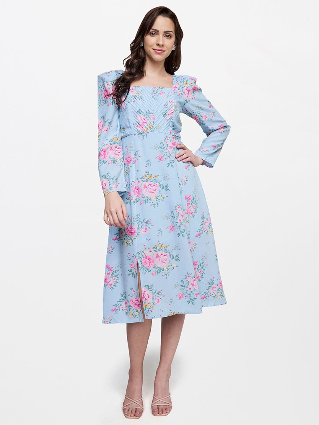 and blue & pink floral printed a-line midi dress