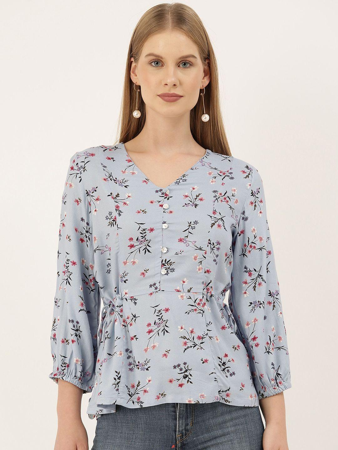 and blue & red floral printed puff sleeves a-line top