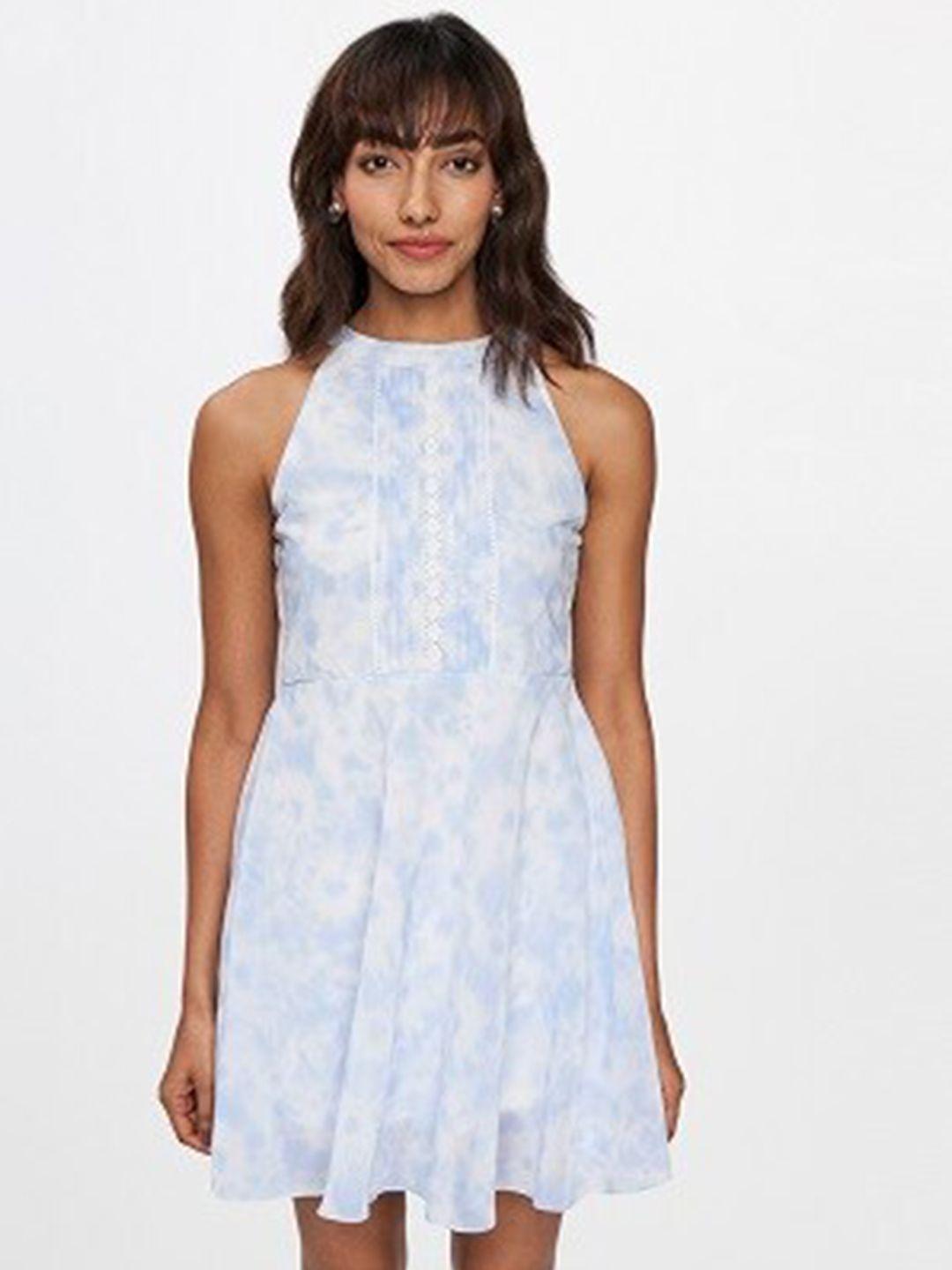 and blue & white floral halter neck fit & flare dress