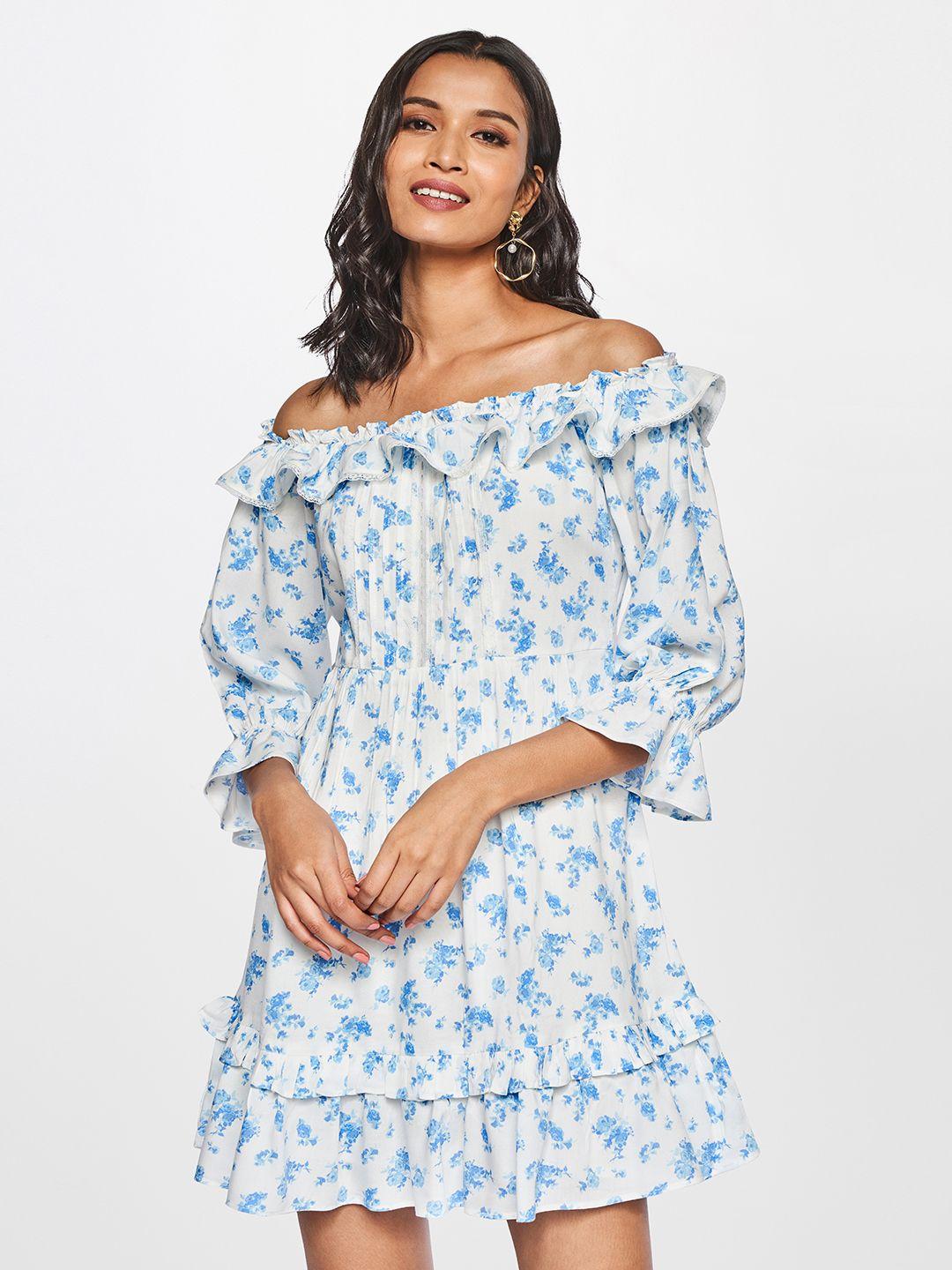 and blue & white floral off-shoulder dress