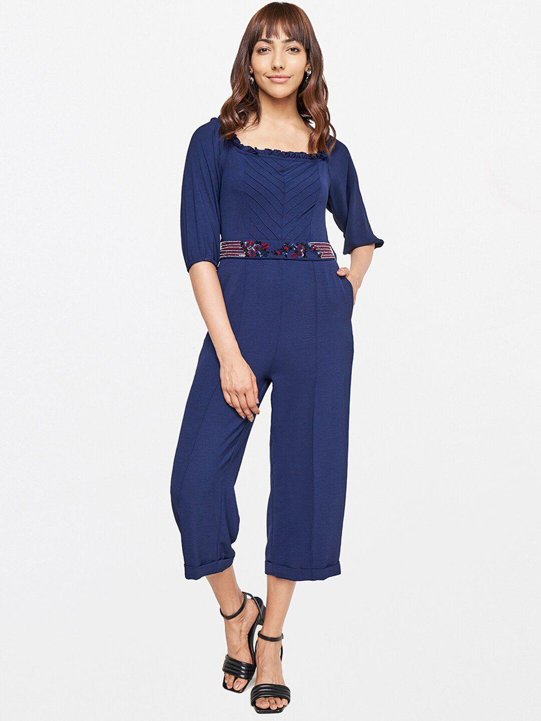 and blue capri polyester jumpsuit