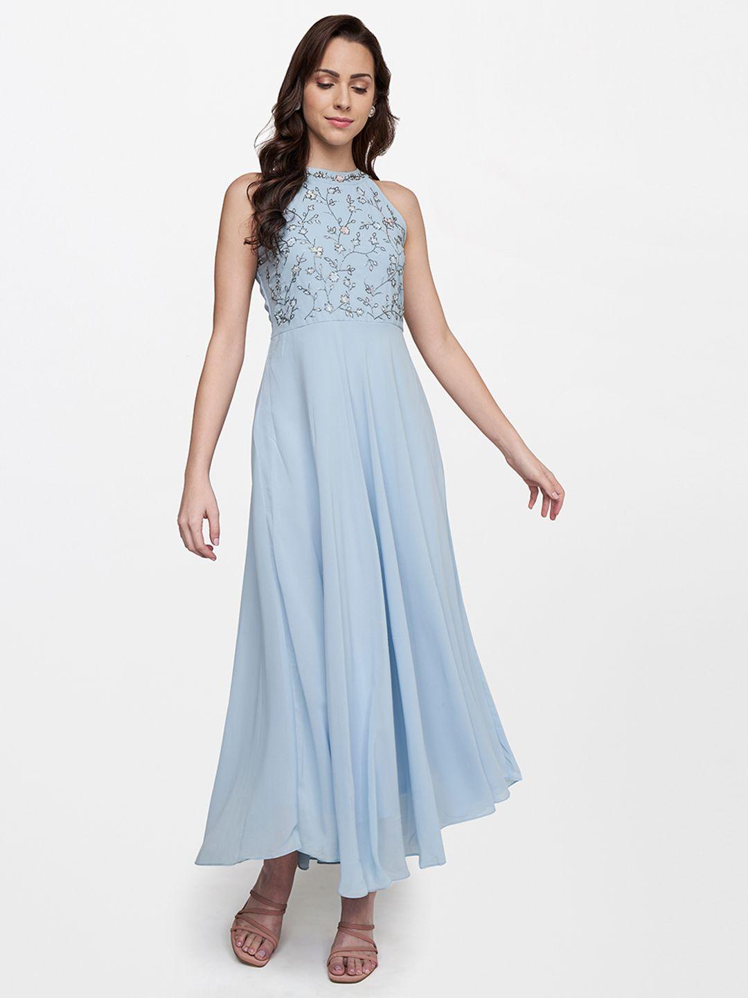 and blue embroidered halter neck maxi dress