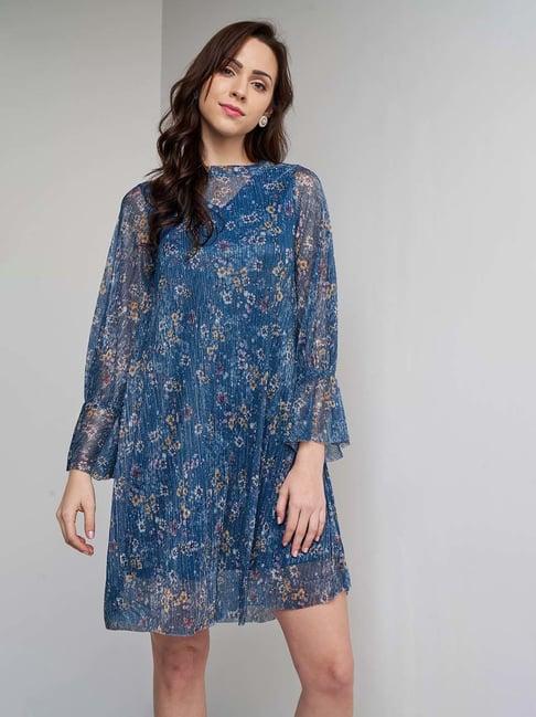 and blue floral print a line dress