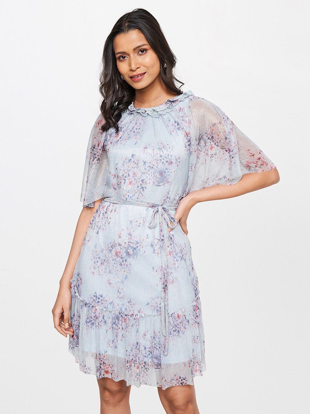 and blue floral printed a-line dress