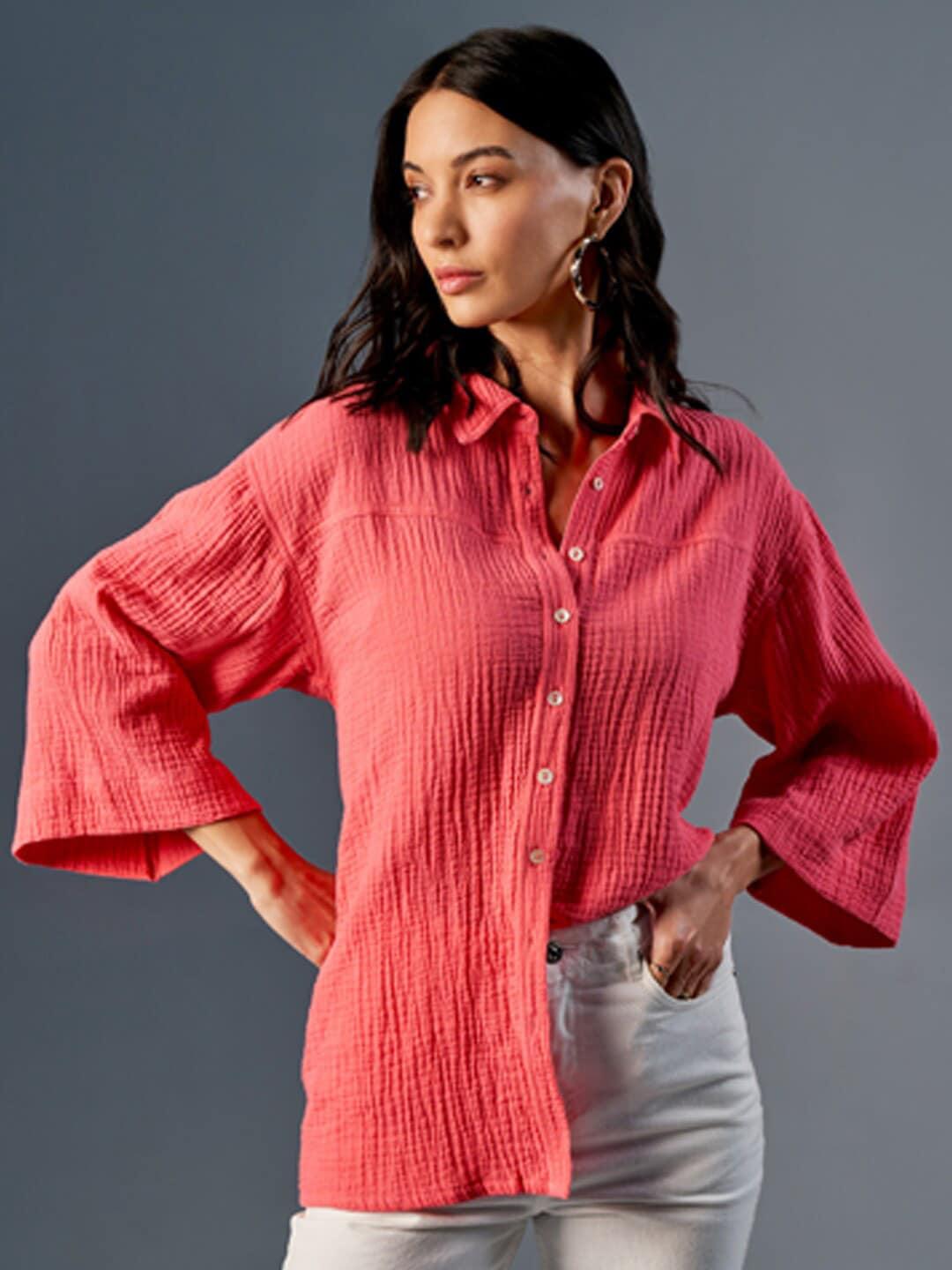 and flared sleeve cotton shirt style top