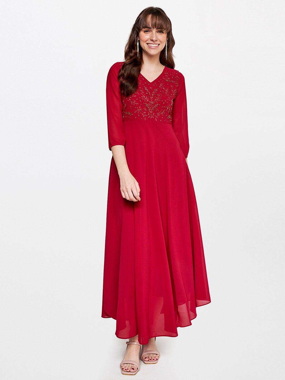 and floral embroidered asymmetric fit & flare maxi dress