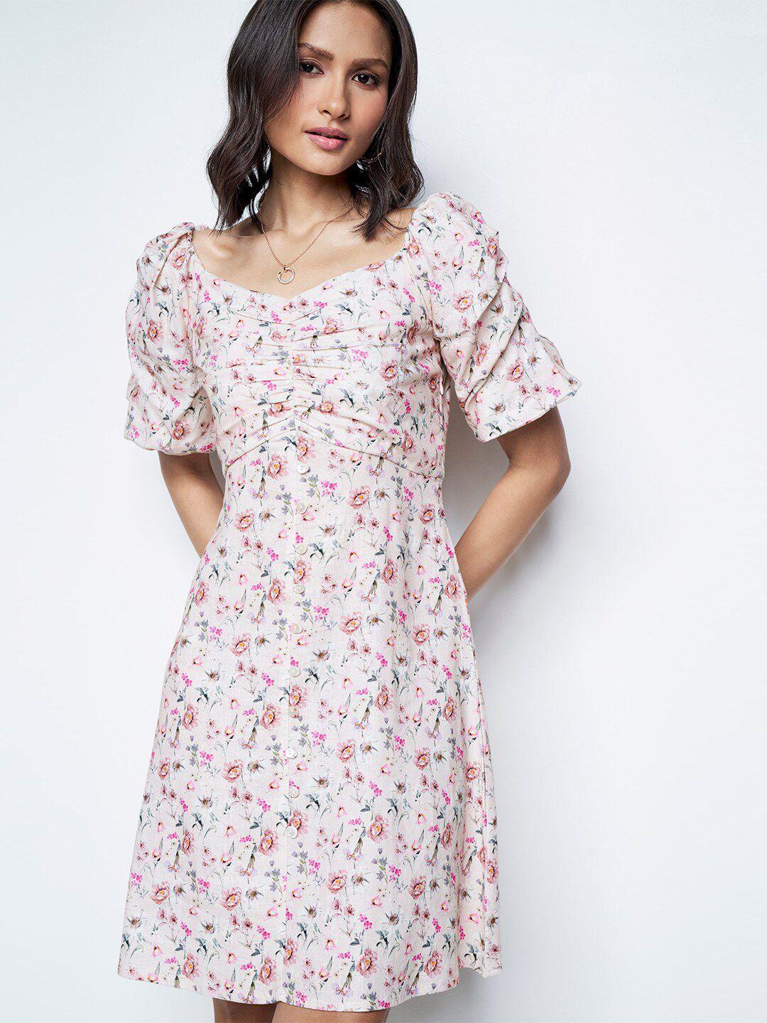 and floral print flared sleeve linen fit & flare dress