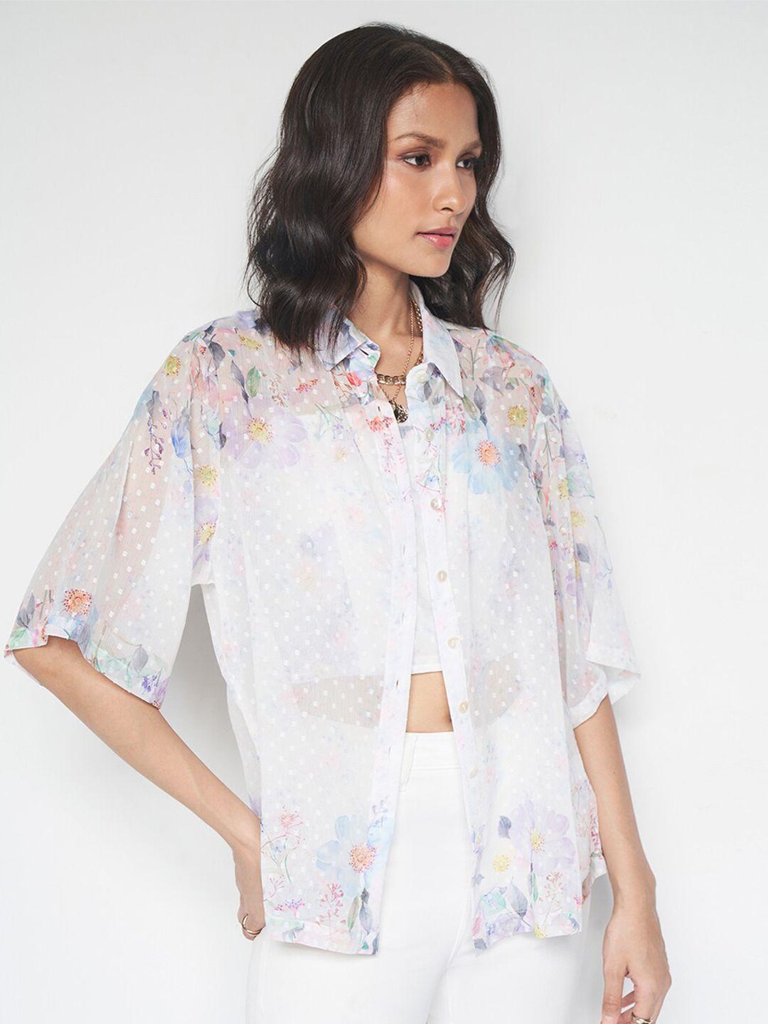 and floral print flared sleeve shirt style top