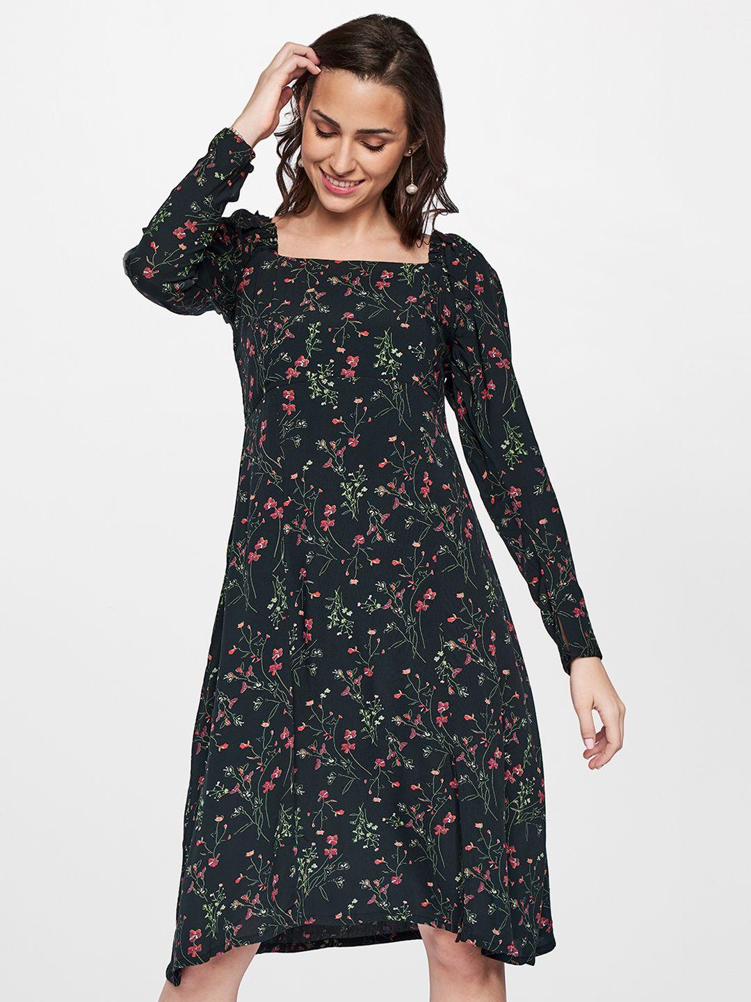 and floral print puff sleeve a-line dress