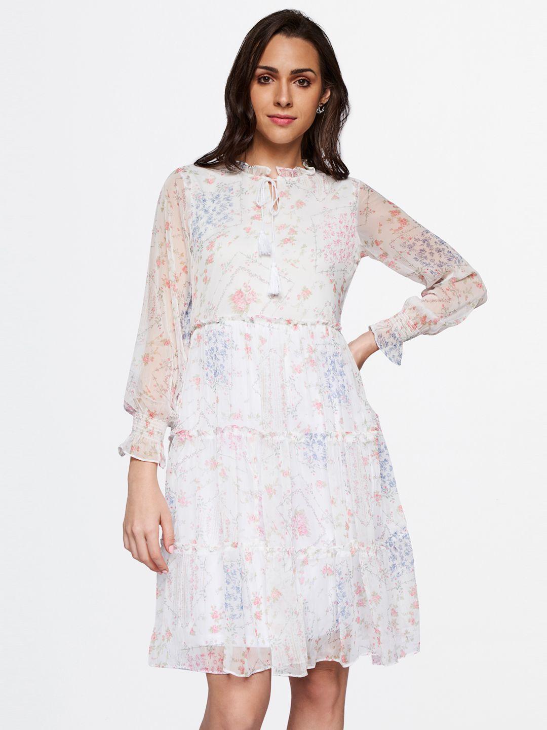 and floral print tie-up neck puff sleeve a-line dress