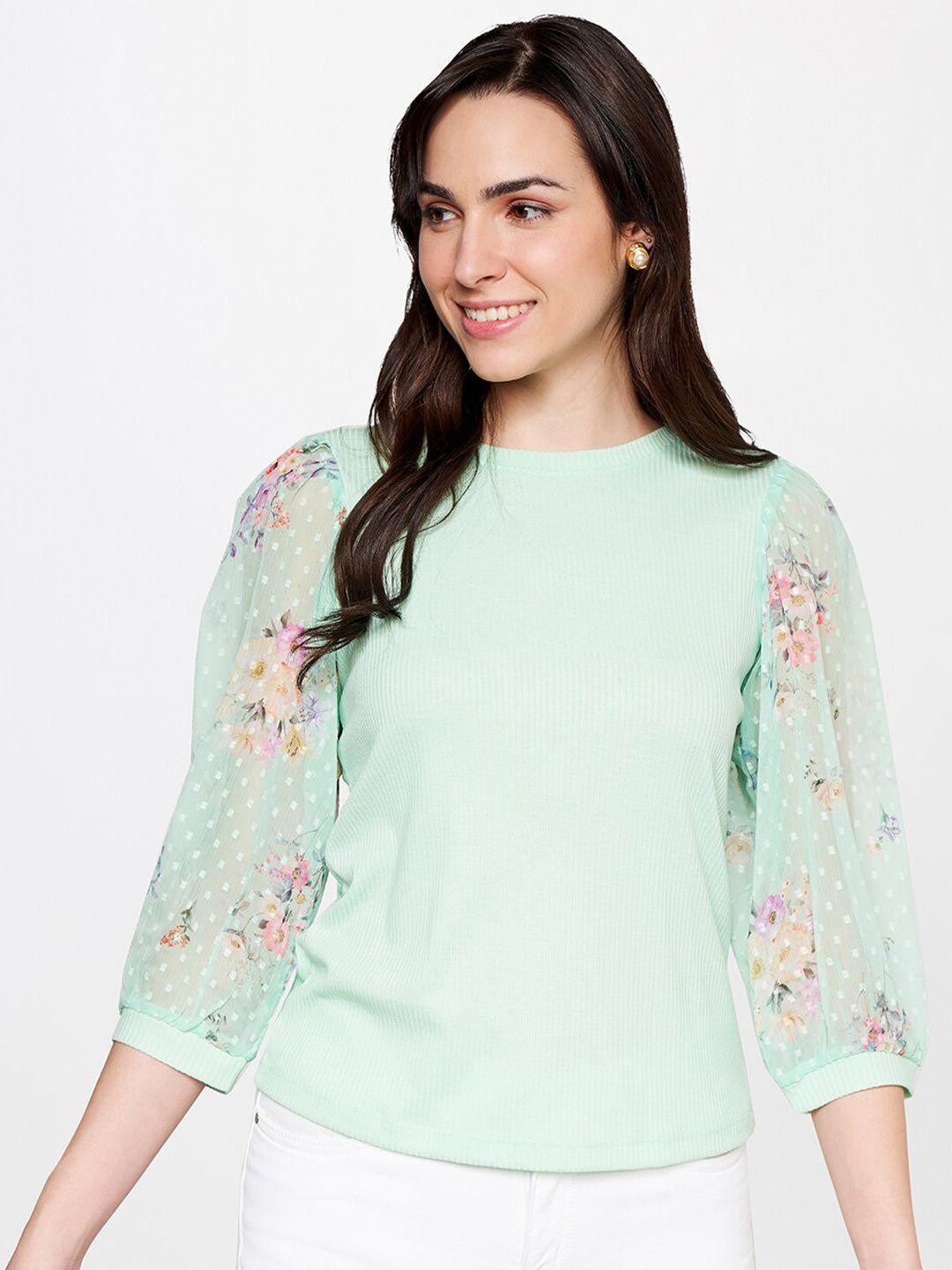 and floral printed boat neck puff sleeves top