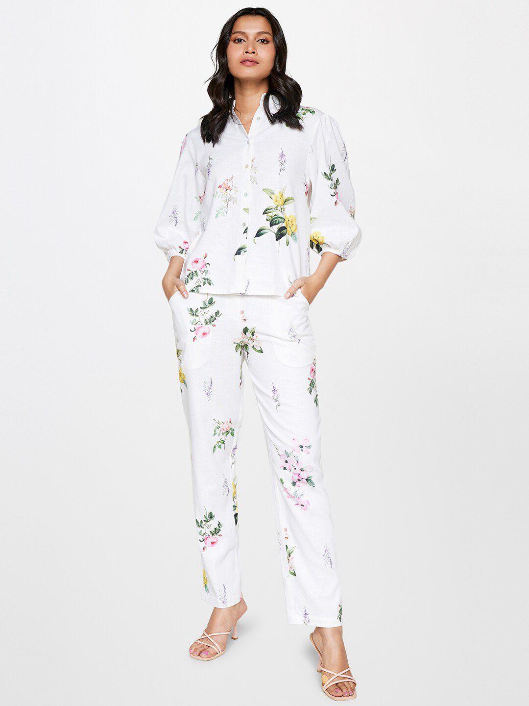 and floral printed linen puff sleeves shirt with trousers co-ords