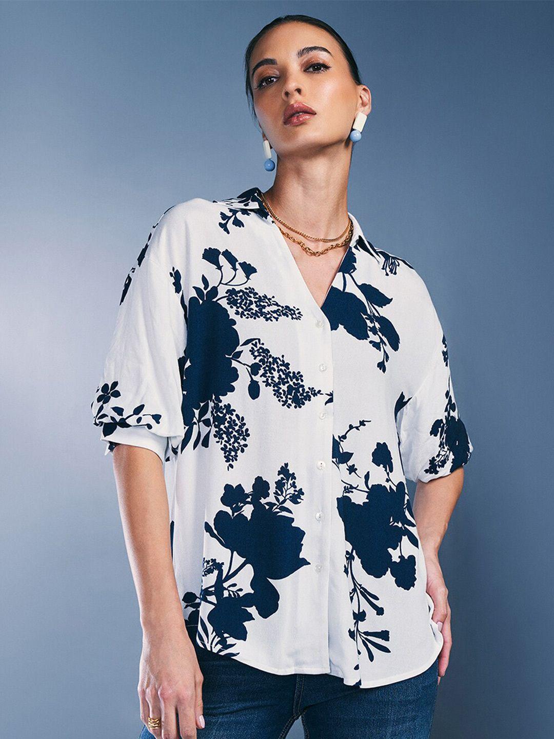 and floral printed roll-up sleeves shirt style top