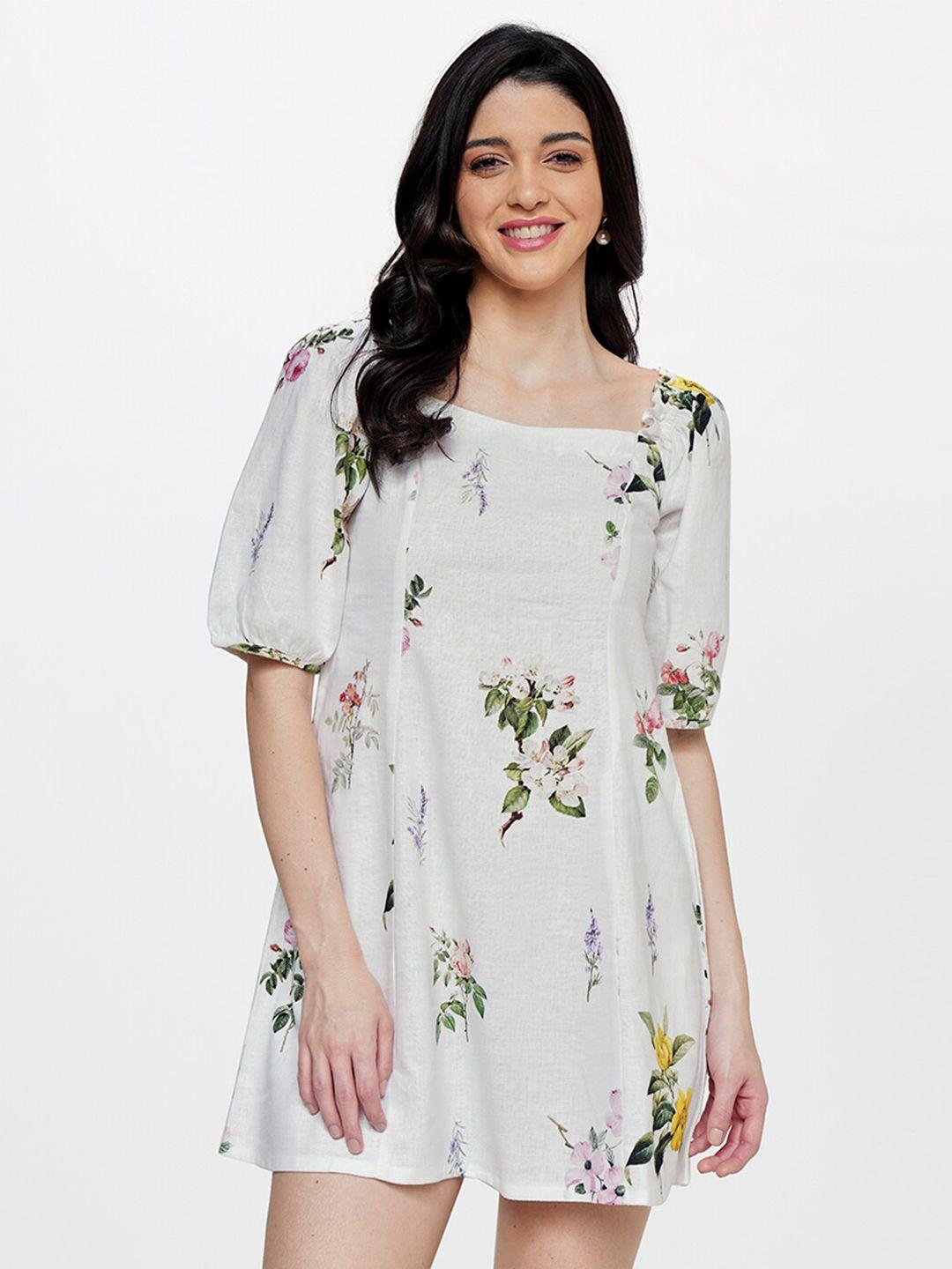 and floral printed square neck puff sleeve a-line dress