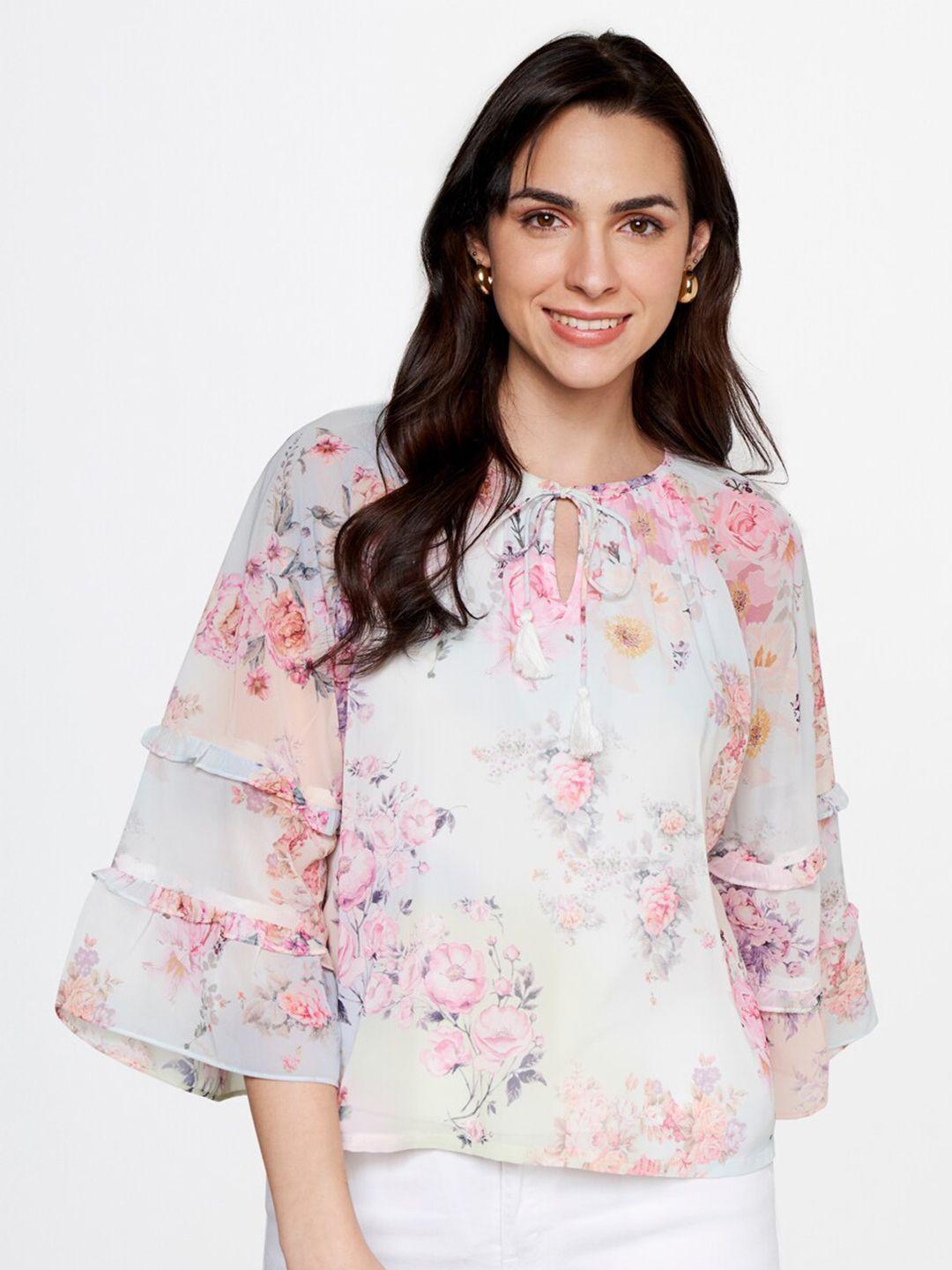 and floral printed tie-up neck bell sleeves top