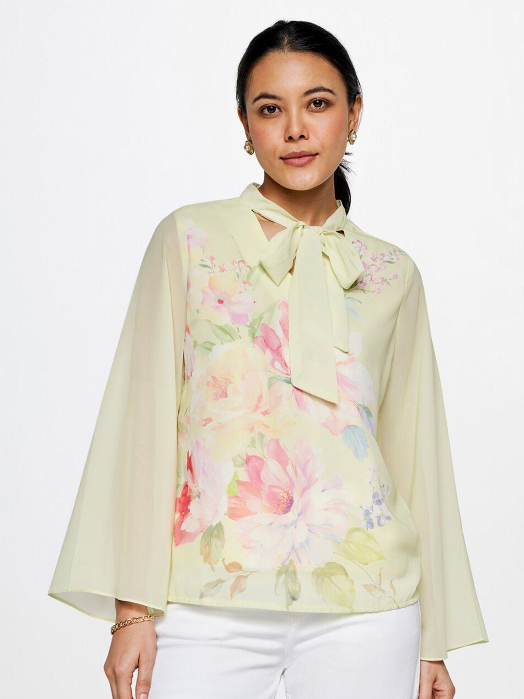 and floral printed tie-up neck flared sleeves top