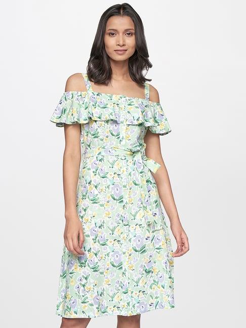 and green printed a-line dress