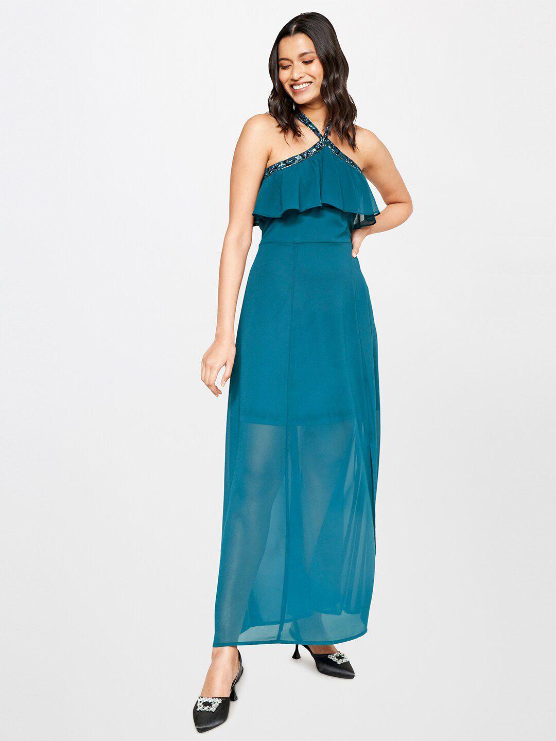 and halter neck ruffles maxi dress