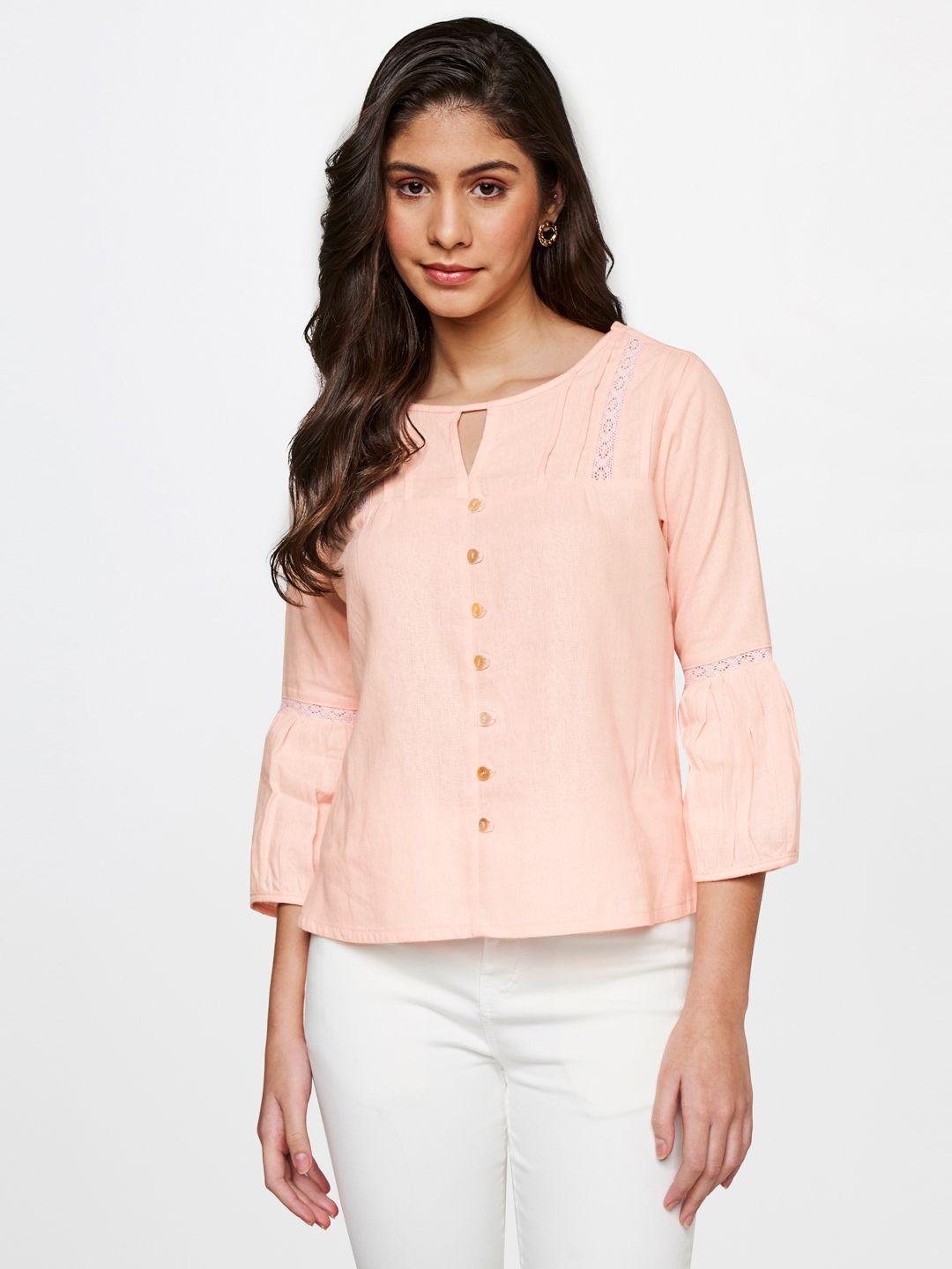 and keyhole neck puff sleeve linen top