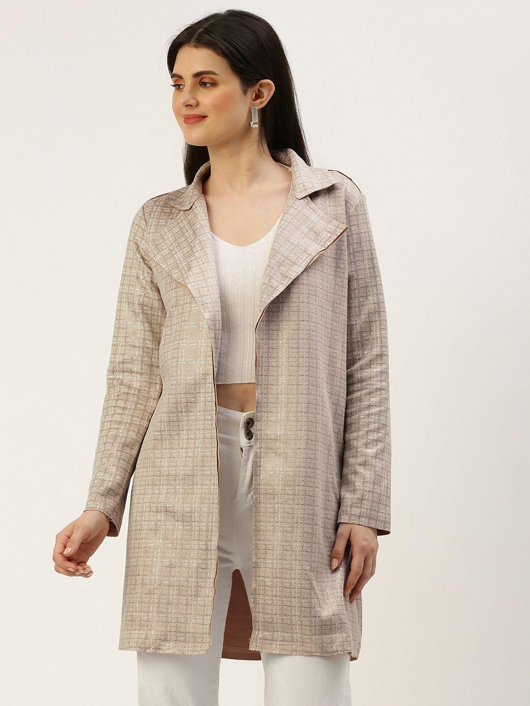 and lapel collar checked front-open longline tailored jacket