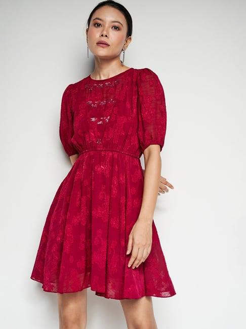 and maroon floral print fit & flare dress