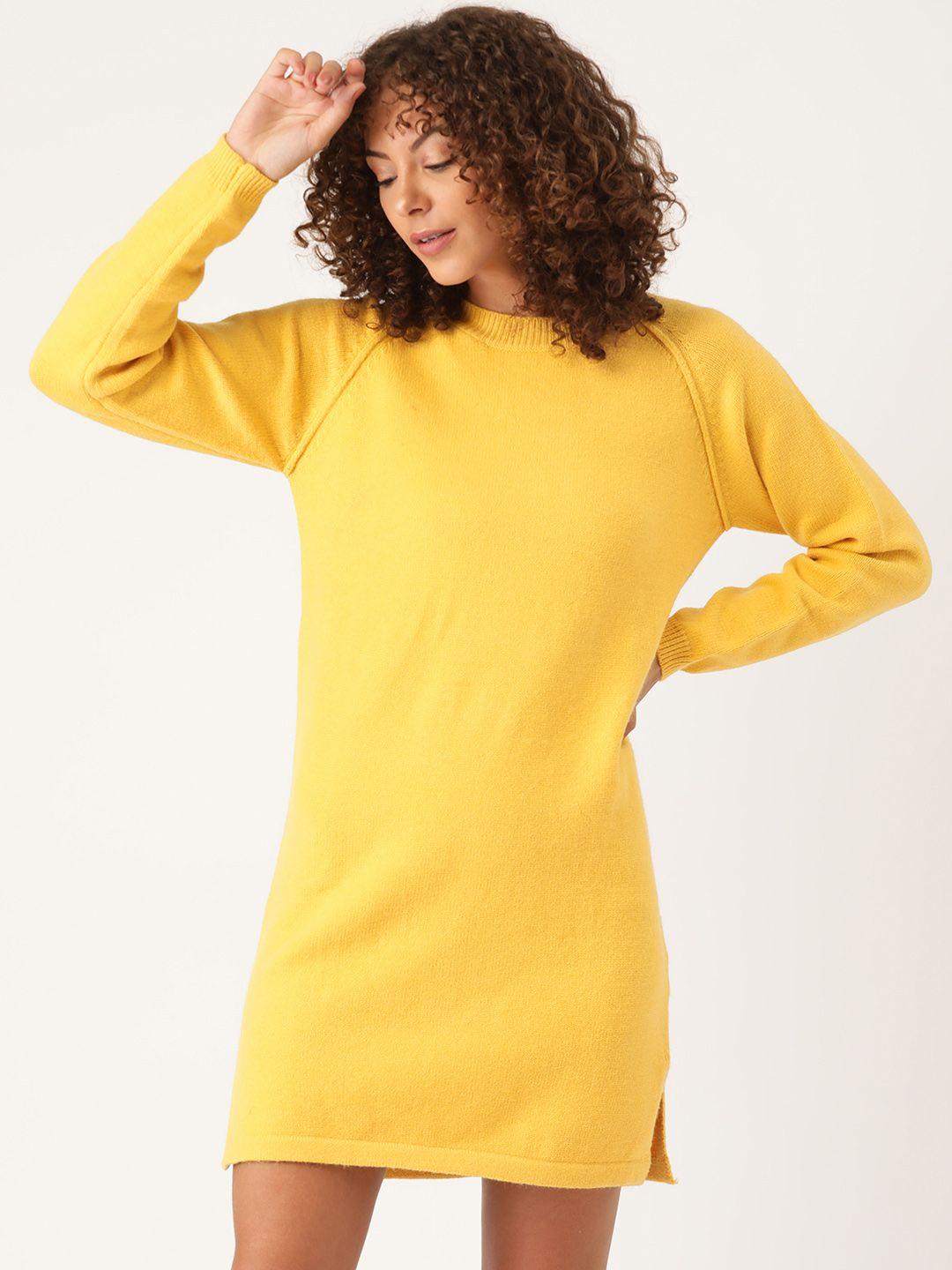 and mustard yellow solid sweater dress