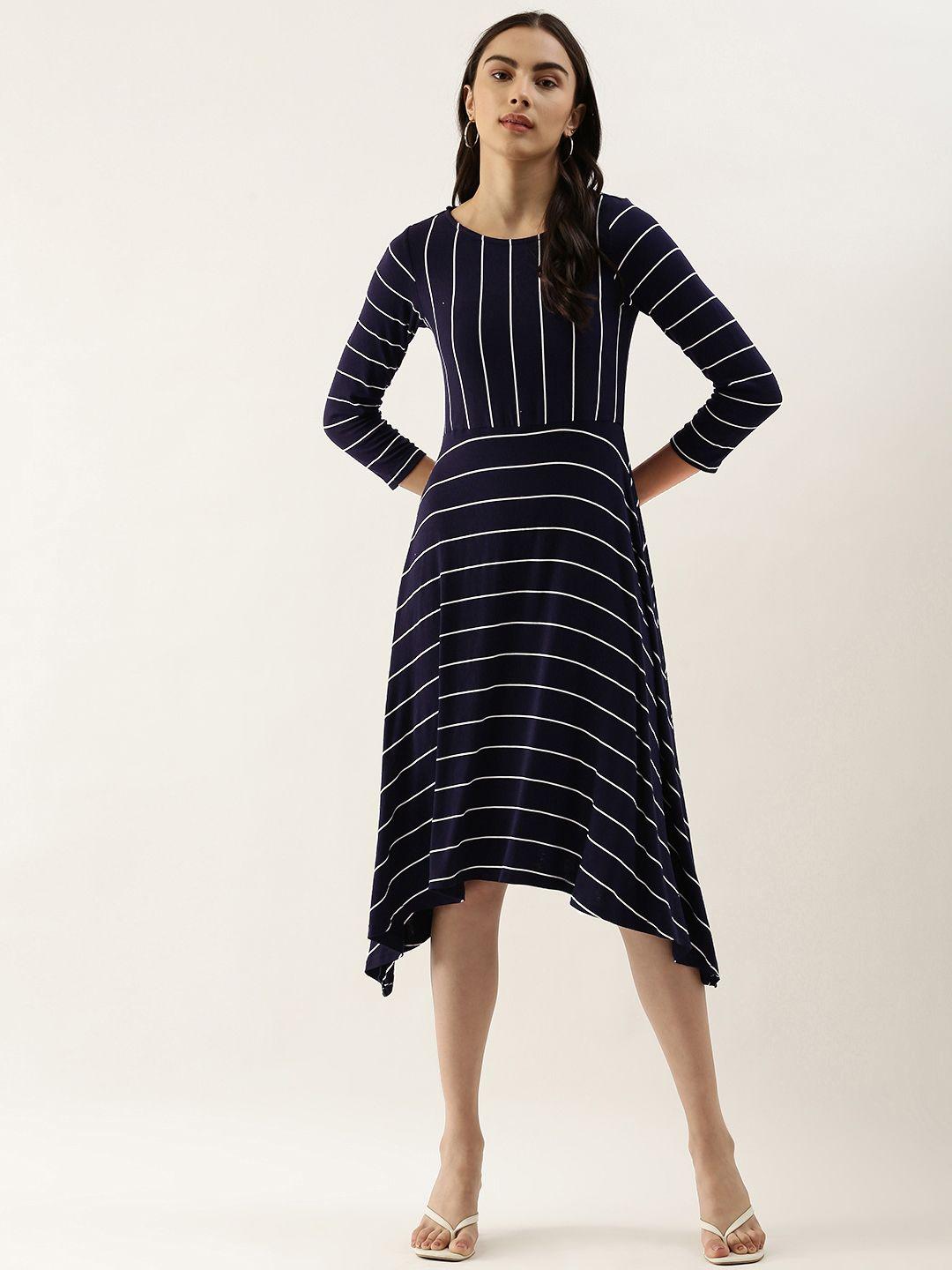 and navy blue & off white striped fit n flare casual dress