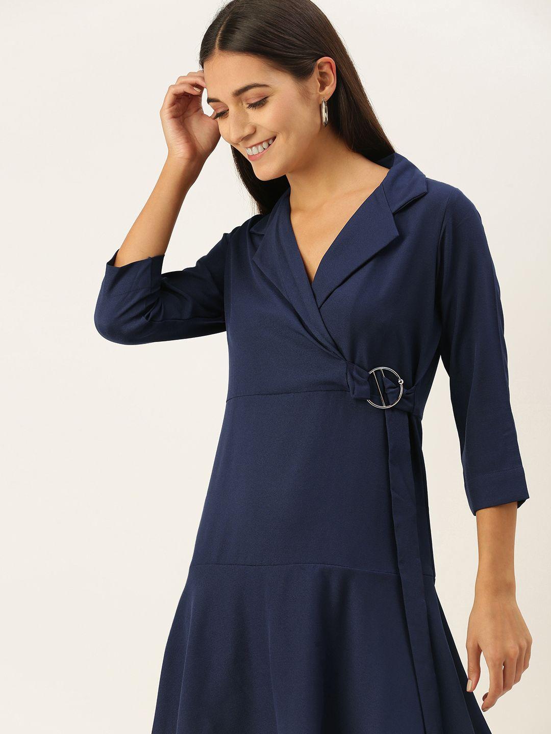 and navy blue buckle detailed tiered wrap dress