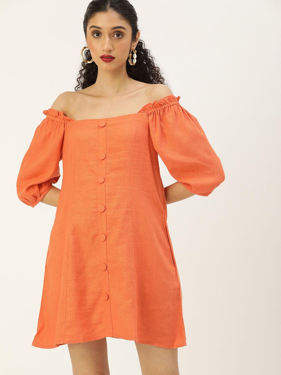 and orange solid halter neck linen a-line dress