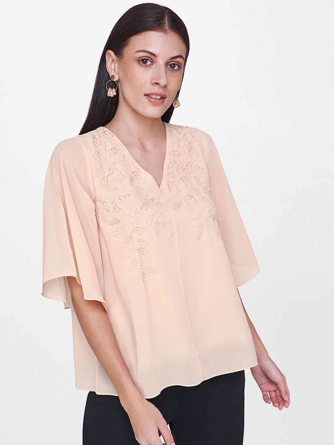 and peach-coloured embellished flared sleeves regular top