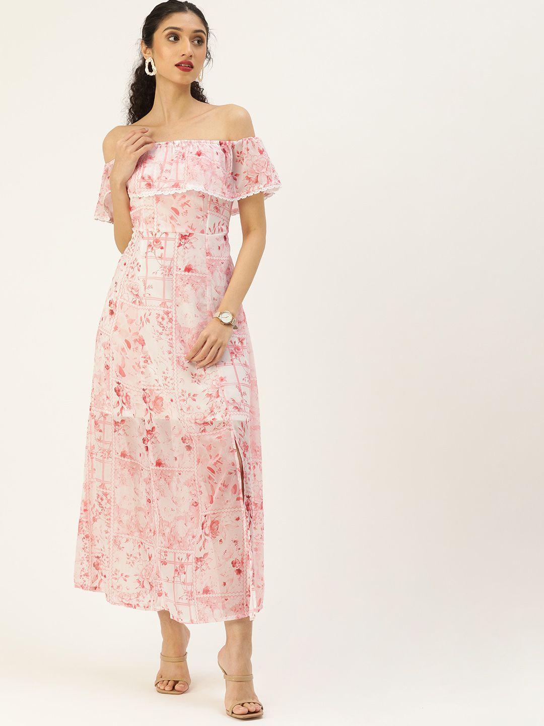 and pink & white floral halter neck fringed maxi dress