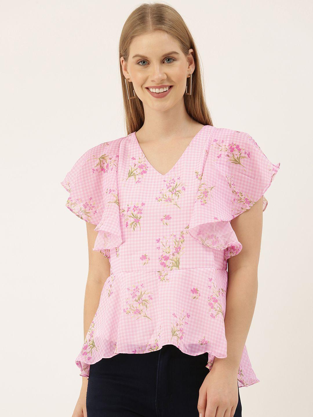 and pink floral printed checked v-neck flutter sleeves peplum top