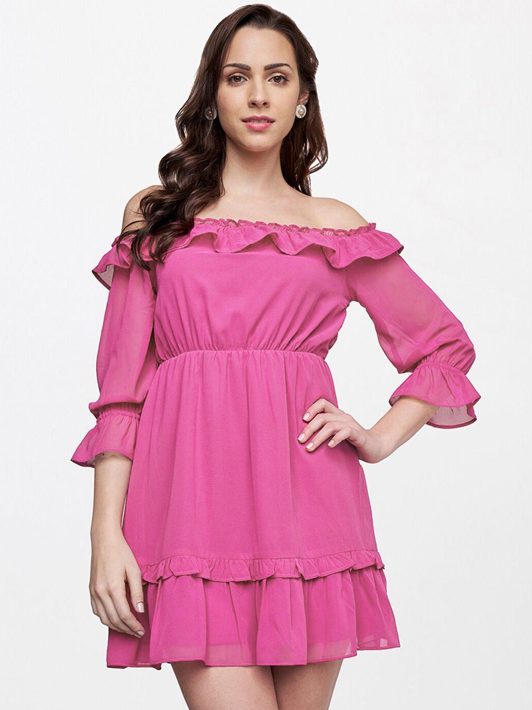 and pink off-shoulder mini dress