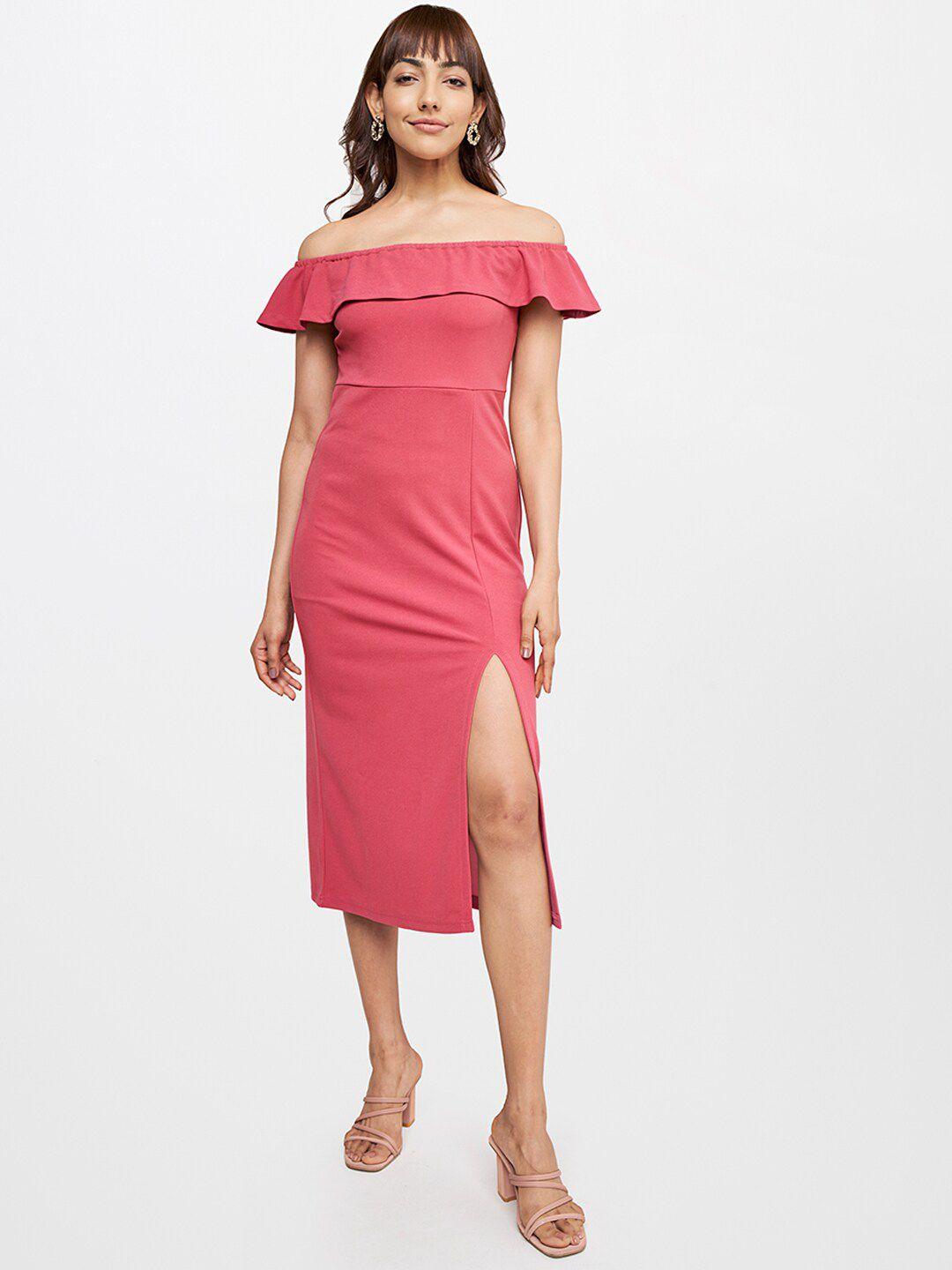 and pink off-shoulder sheath midi dress