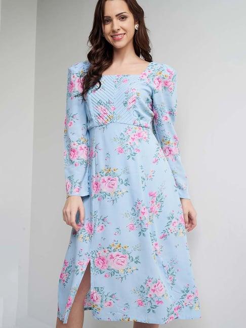 and powder blue floral print a line dress