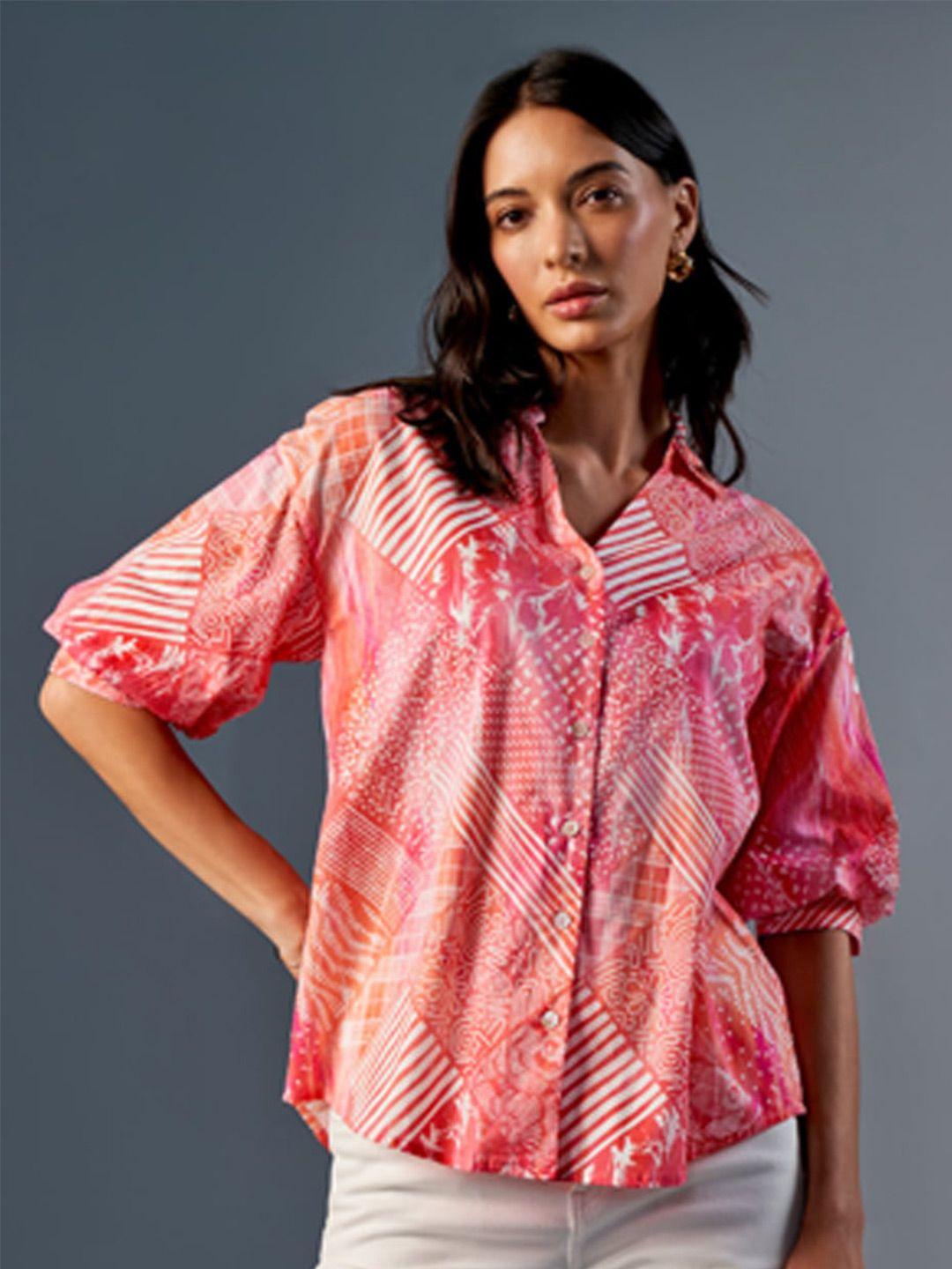 and print puff sleeve cotton shirt style top