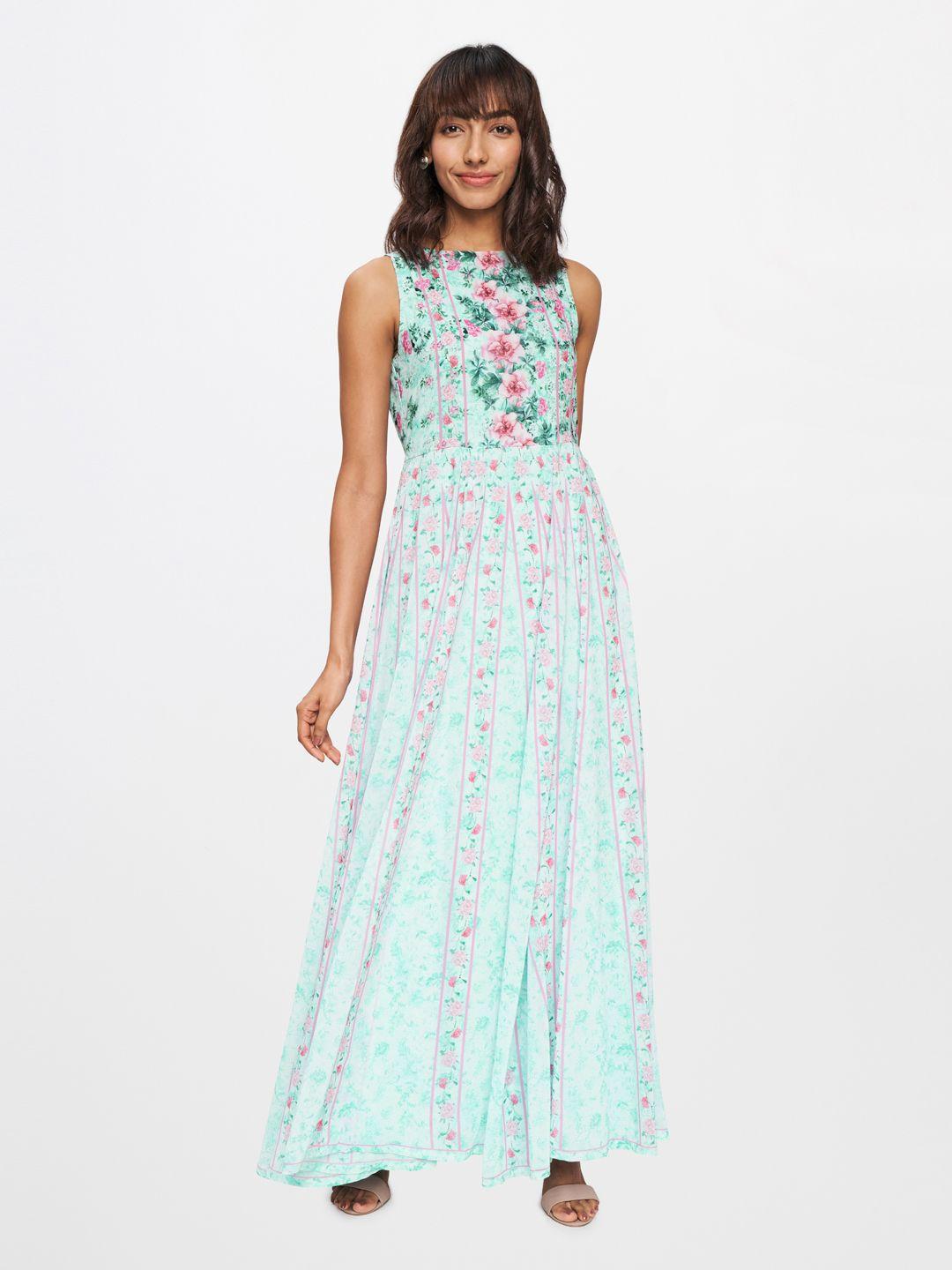 and sea green & pink floral print maxi dress with gathers