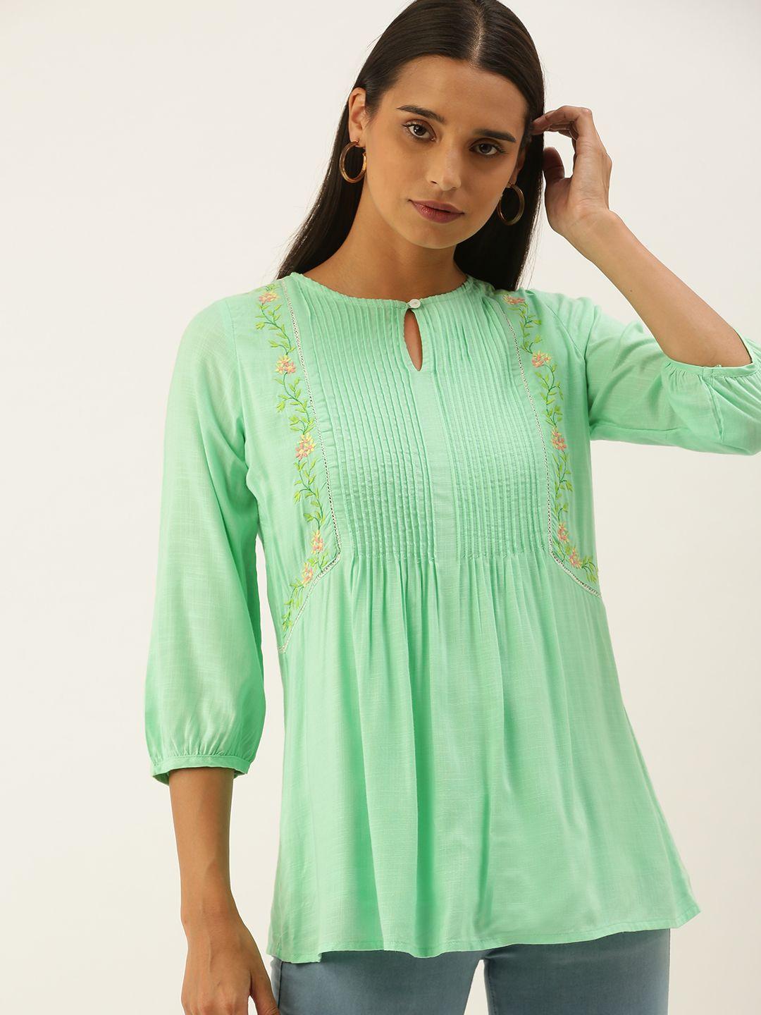 and sea green floral embroidered keyhole neck regular top