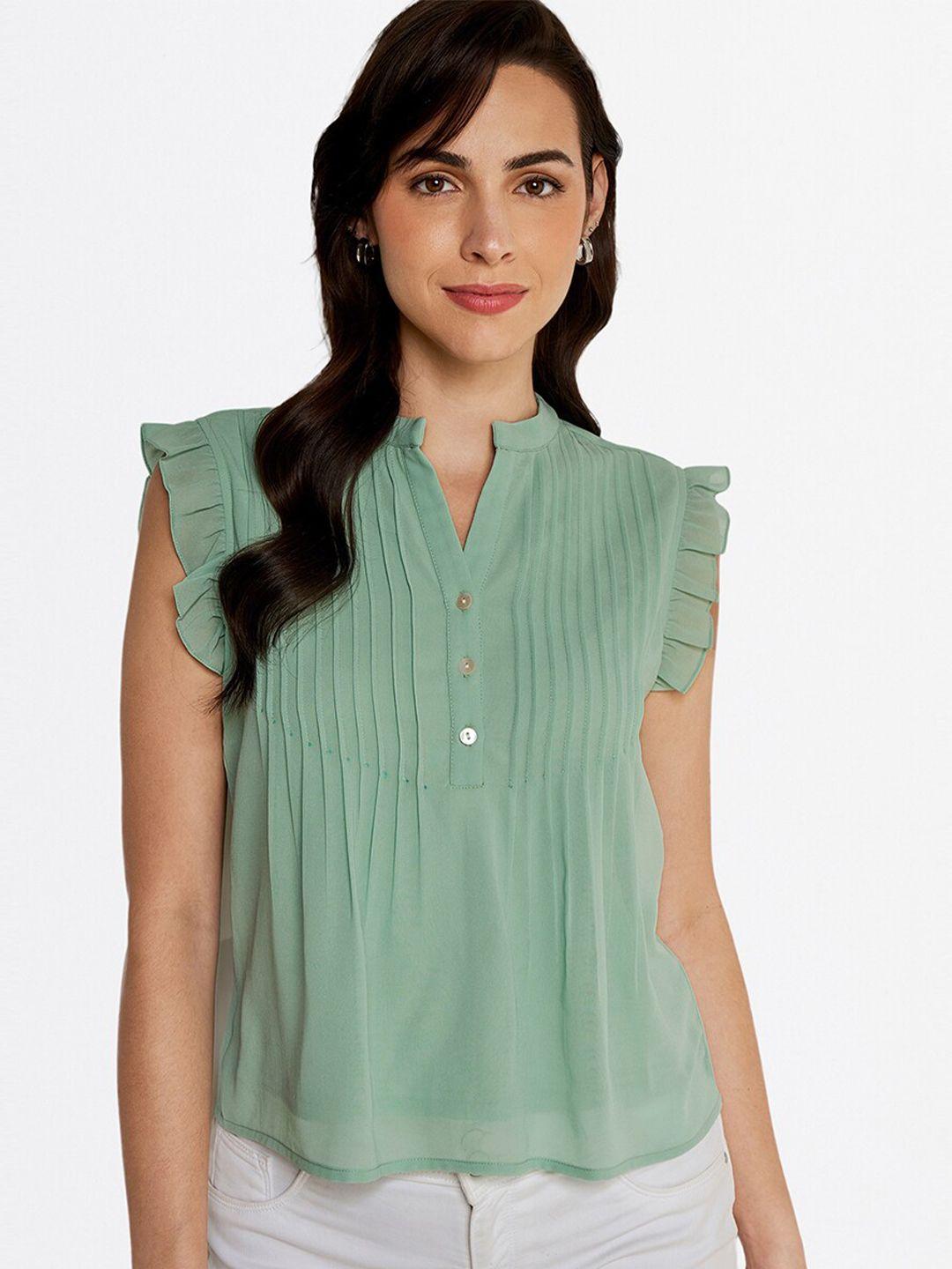 and sea green mandarin collar top