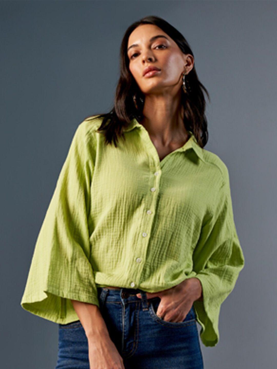 and self design flared sleeve pure cotton shirt style top