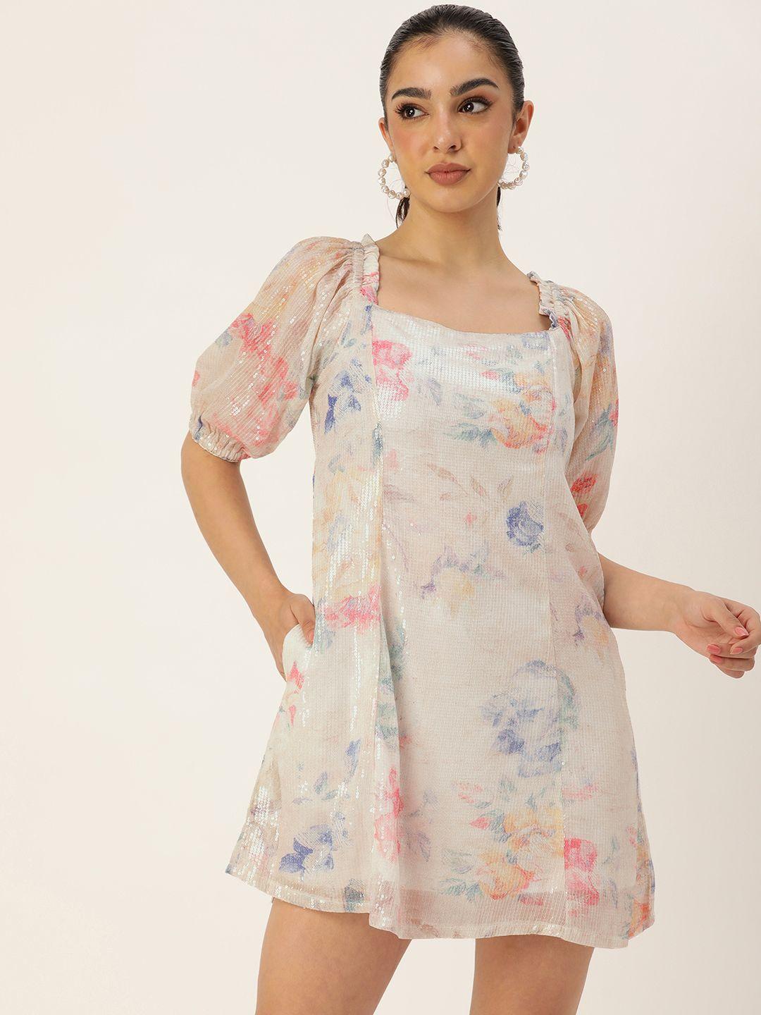 and sequined embellished floral puff sleeves a-line dress