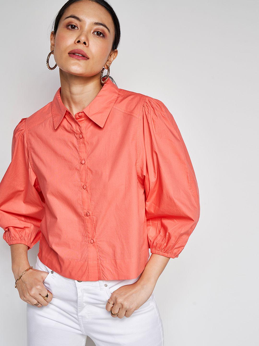 and shirt collar puff sleeve cotton shirt style top