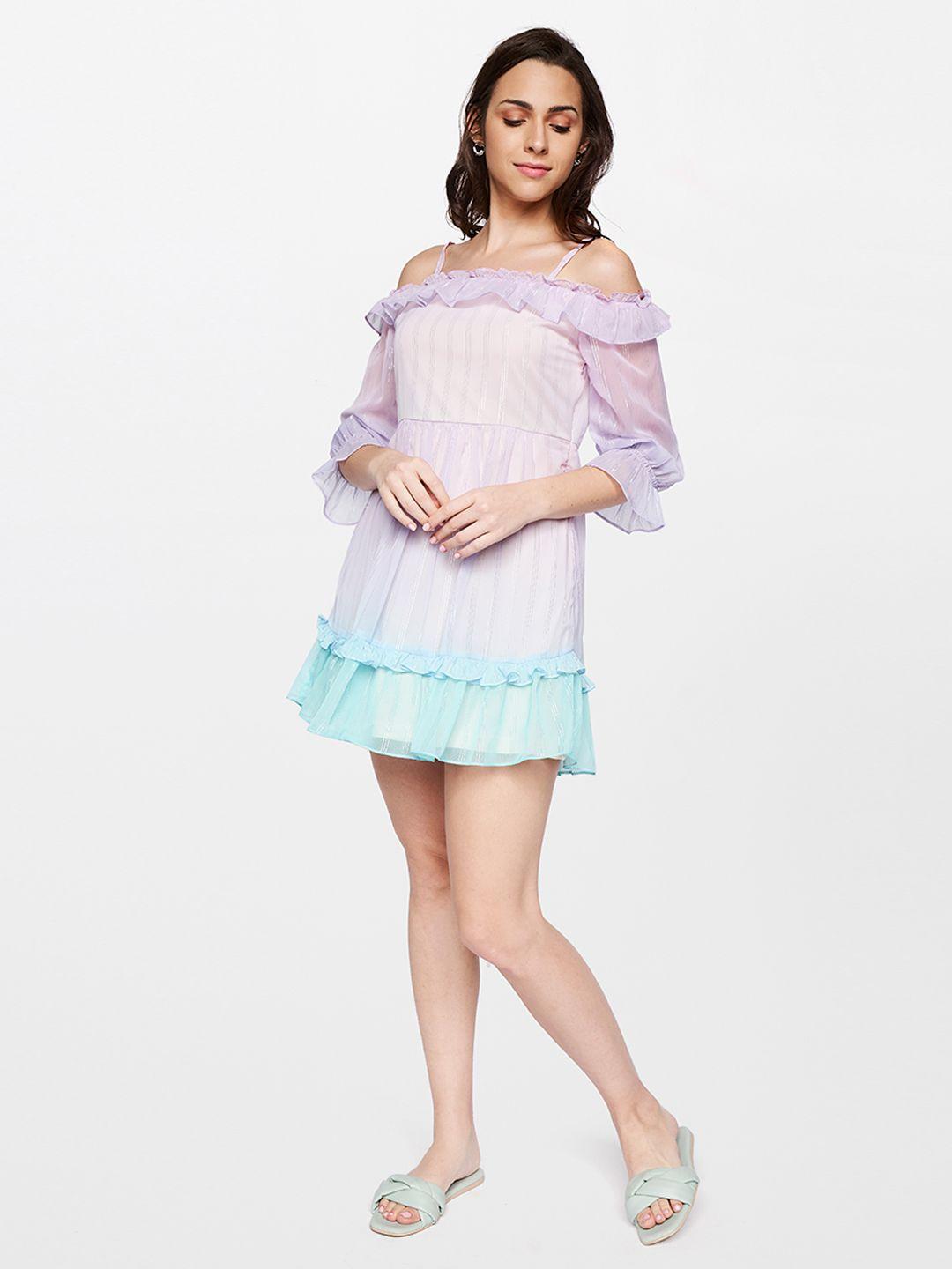 and striped cold-shoulder ruffled a-line mini dress